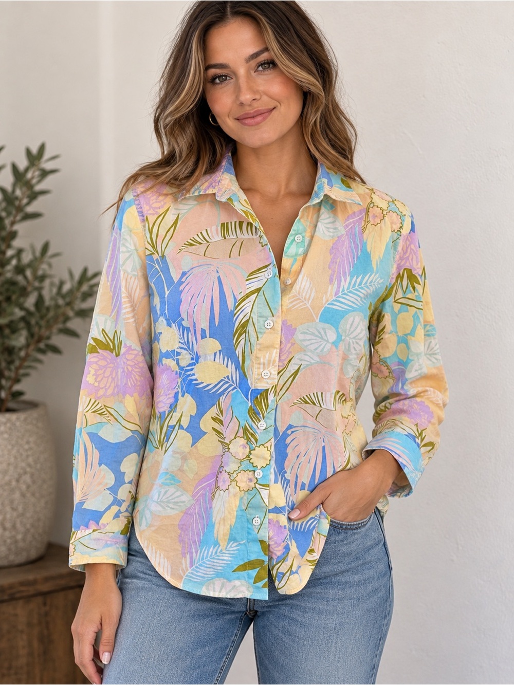Talbots Pastel Floral Button-Down Shirt - Blue, Pink, Yellow